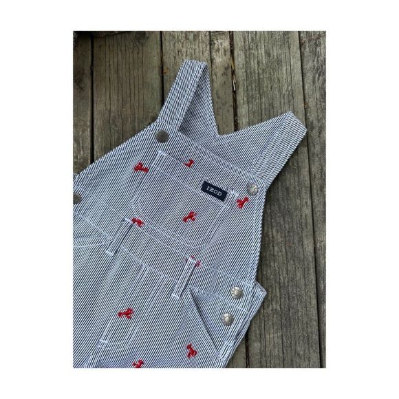 90s Izod Denim Shortalls Red Lobster Print Black White Stripes 100% Cotton 18M - Picture 2 of 6